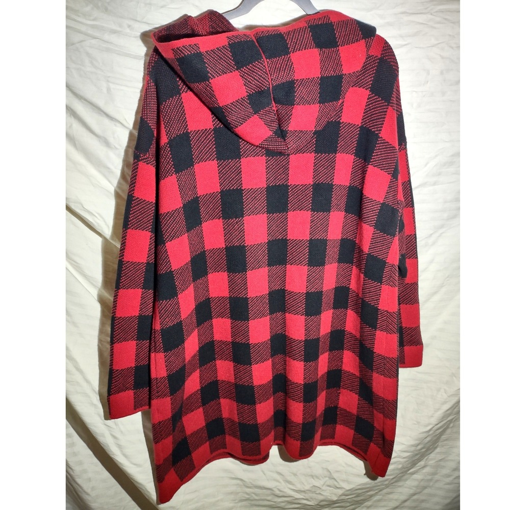 J Jill Buffalo Plaid Open Front Hooded Cardigan Sweater Women XL Red Black - Picture 2 of 7